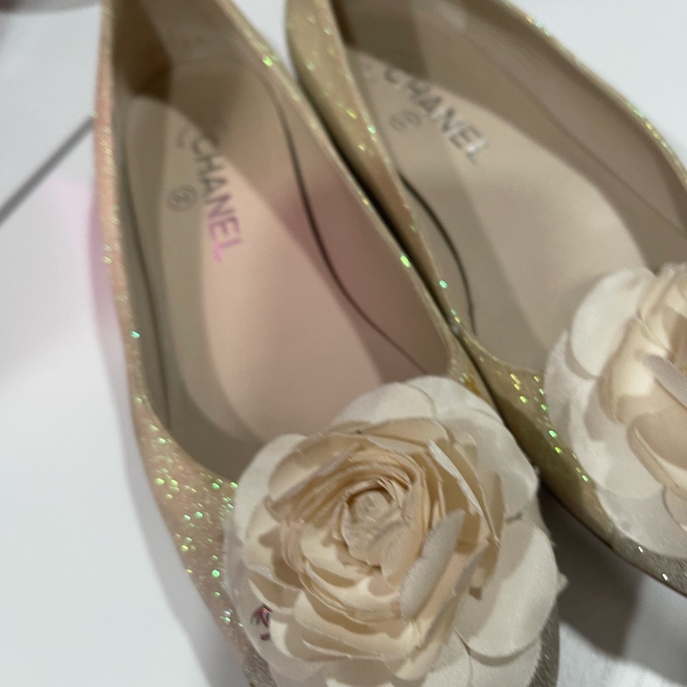 CHANEL Beige Glitter Camellia-Embellished Ballet Flats - Picture 9 of 13
